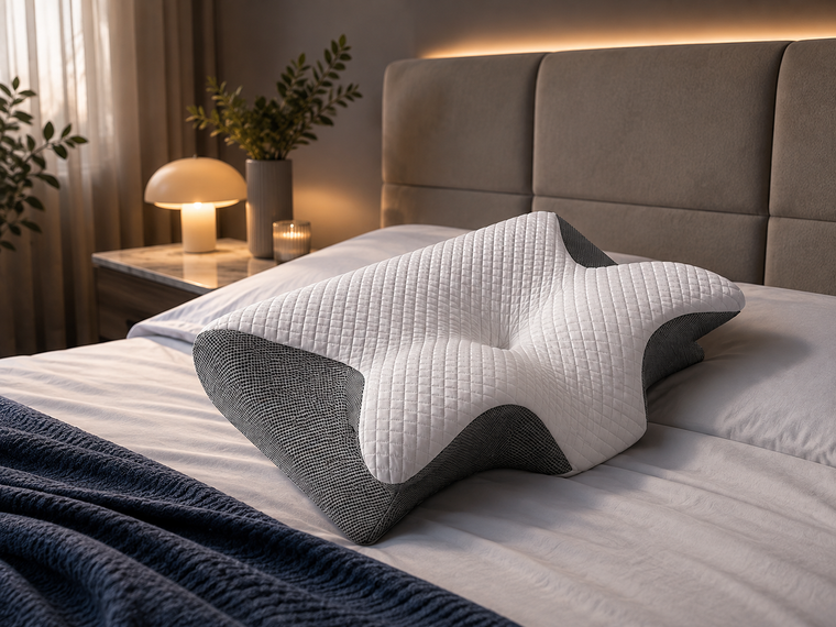 Oreiller ergonomique Nuvéore posé sur un lit