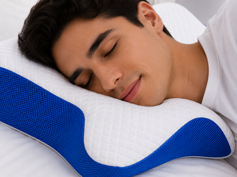 Personne reposant sa tête sur un oreiller ergonomique Nuvéore