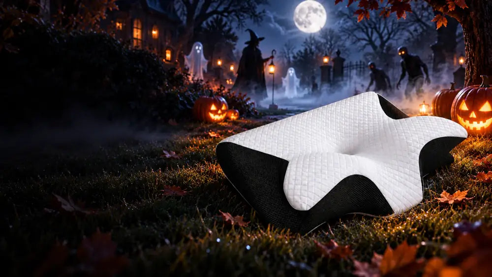 Oreiller ergonomique Nuvéore blanc et noir dans un décor nocturne d’Halloween